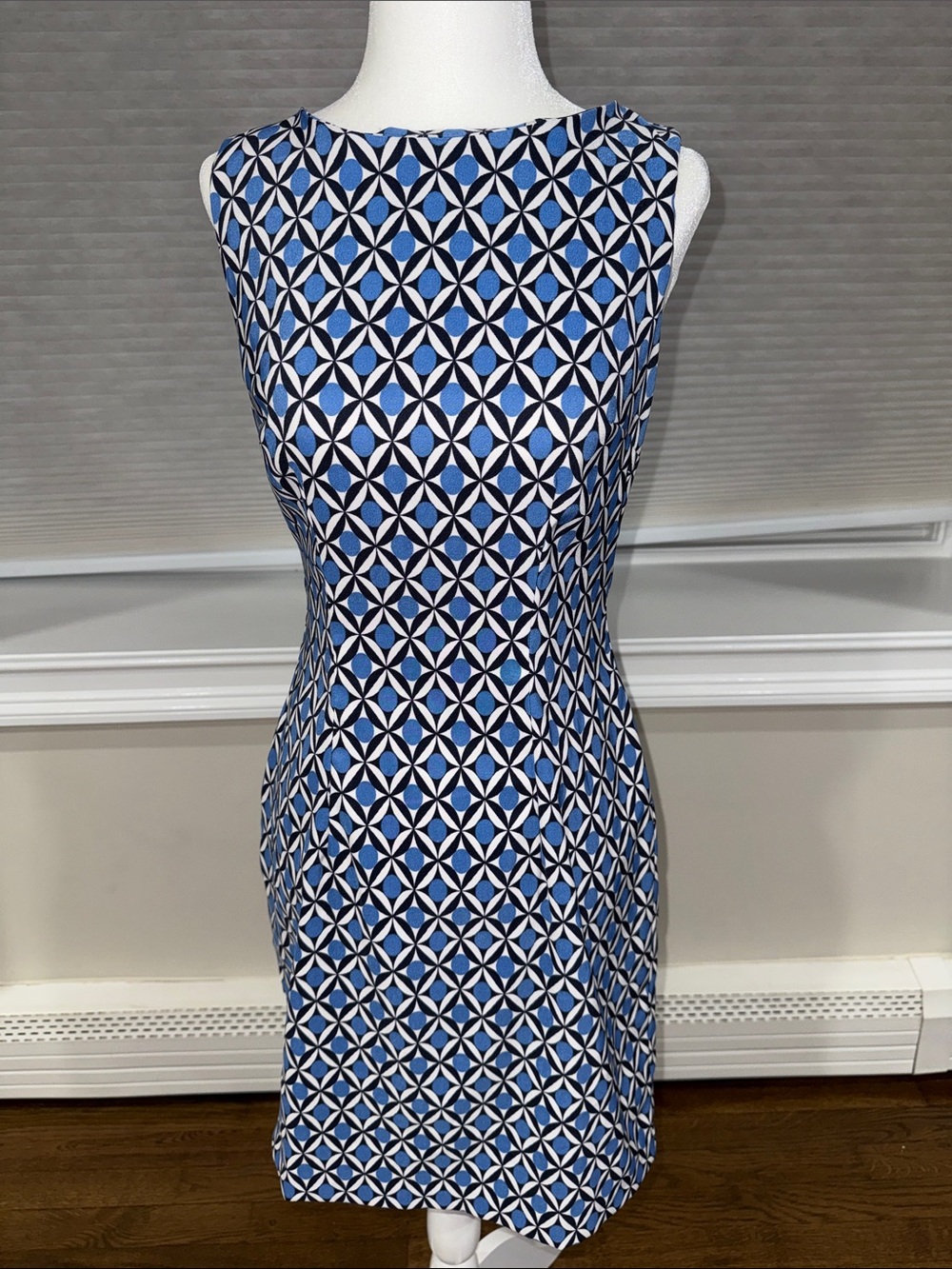AB Studio Blue White Geometric Sheath Dress